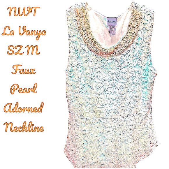 NWT La Vanya faux pearl adorned neckline Mint Green Lacey blouse SZMED Pull over - Picture 1 of 7